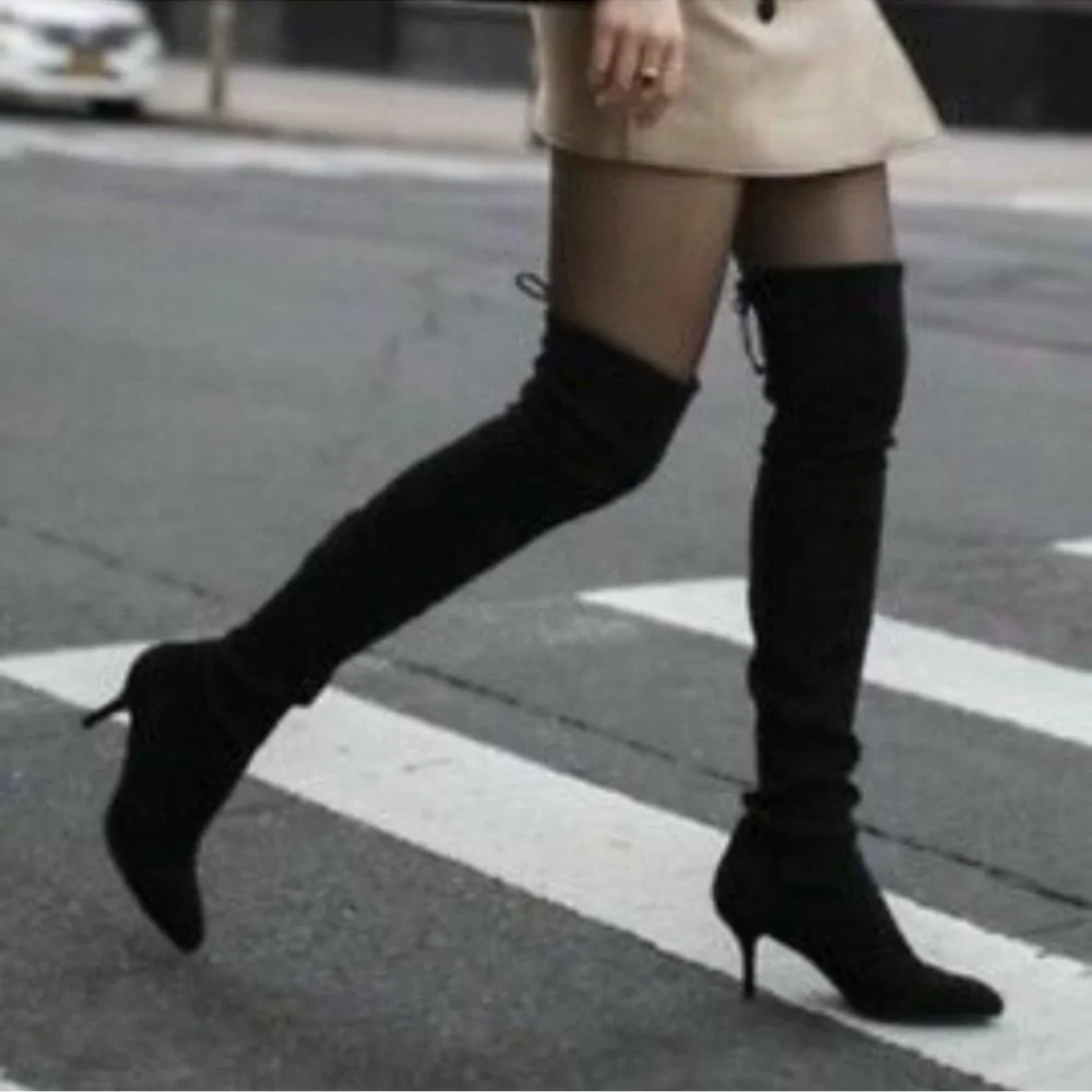 Stuart Weitzman Black Over-The-Knee Boots — Sleek Stretch Suede 9.5